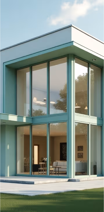 Contemporary building with floor-to-ceiling green-framed glass windows on a corner facade.