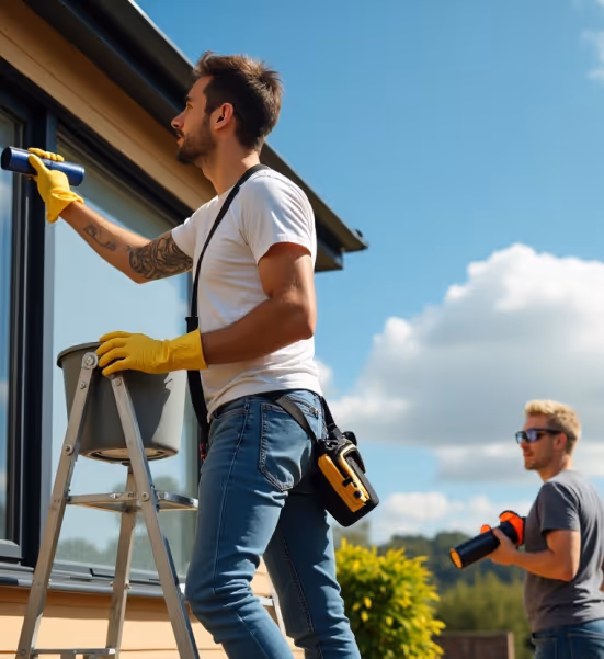 Two workers cleaning exterior windows on a sunny day.