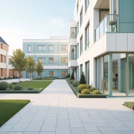 Modern apartment building with large windows and landscaped walkway.