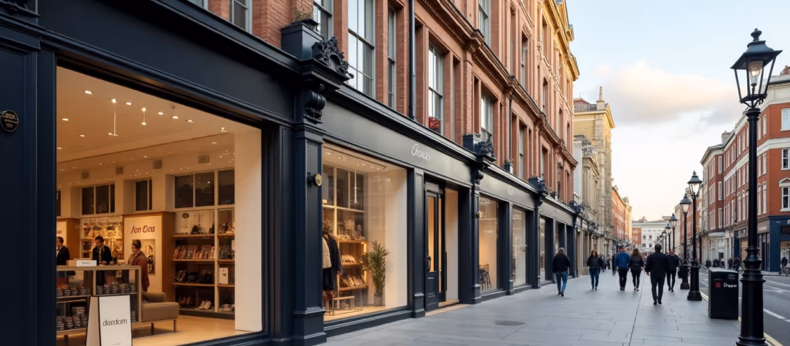  A sleek, modern storefront in London, features a black facade with large display windows, including a prominent curved glass section on the corner.