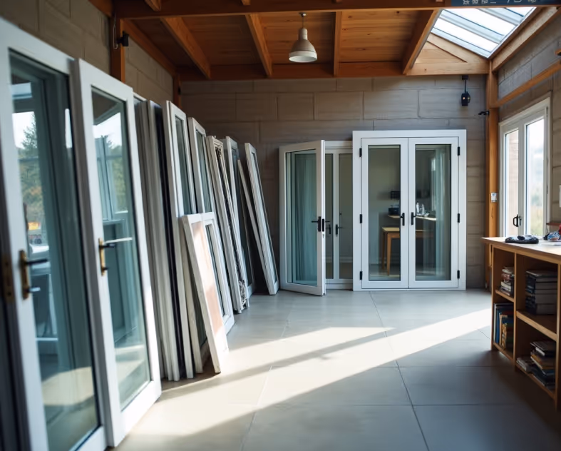 Indoor showroom displaying multiple styles of white-framed double-glazed windows and doors, with natural light entering through skylights and wooden beams above.