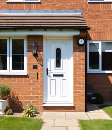 A brown brick house with a white porch featuring a white front door and a tall, narrow side window, surrounded by green shrubs.