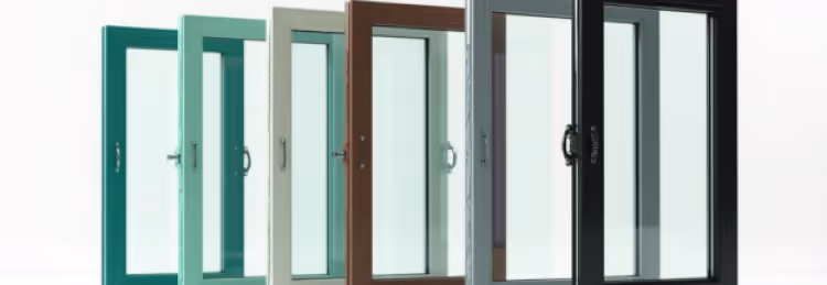 A row of sliding glass doors displayed in various frame colors, including teal, beige, brown, gray, black, and dark gray, shown side by side for comparison.