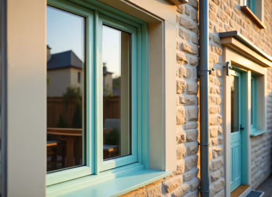 A brick building with large green-framed glazed doors and windows, surrounded by potted plants and greenery.