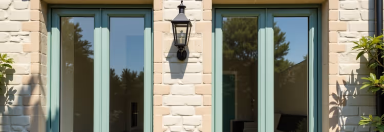  Two tall, light green-framed windows, possibly Chartwell Green UPVC, flank a section of brick wall with a black outdoor lantern mounted on it.