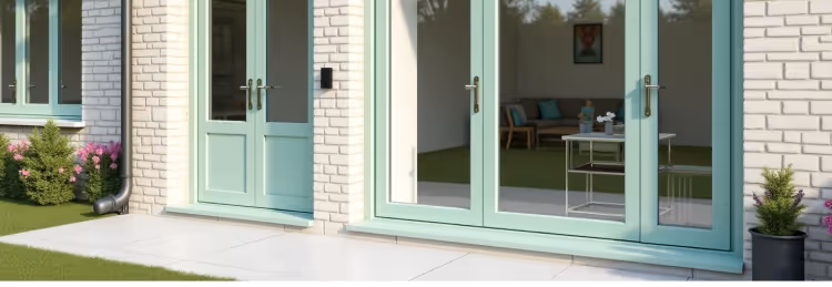  A set of light green patio doors, including a single door and a pair of French doors, leading to an indoor space with a couch and coffee table.