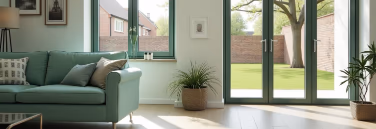 A brightly lit living room with a light green sofa, a potted plant, and large green-framed windows and doors looking out onto a green lawn enclosed by a brick wall.