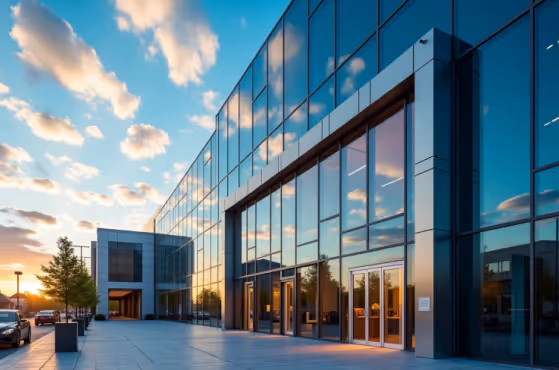 A large modern commercial building with a predominantly glass facade reflecting the sky and clouds, featuring a prominent entrance and surrounding plaza.