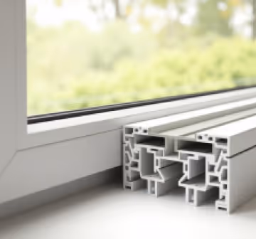 Close-up of white PVC window frame profiles stacked on a windowsill, showing cross-sectional design.