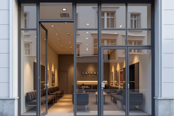  A sleek, modern storefront with large glass panels and an open door, revealing a stylish interior with seating and artwork.