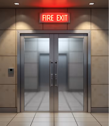  Shiny metallic double doors under a red "FIRE EXIT" sign, leading into a bright, tiled corridor.