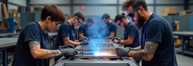 A row of workers in protective eyewear and gloves, actively welding or soldering metal, creating bright sparks in an industrial setting.