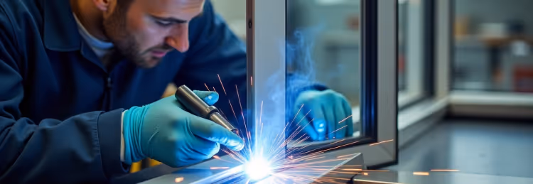 A welder in blue gloves concentrates on soldering or welding a metal surface, creating bright sparks.