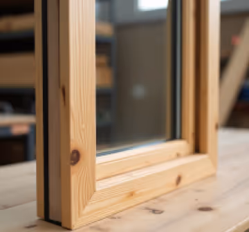 Close-up of a wooden-framed window on a workshop table, highlighting the natural wood grain and construction detail.