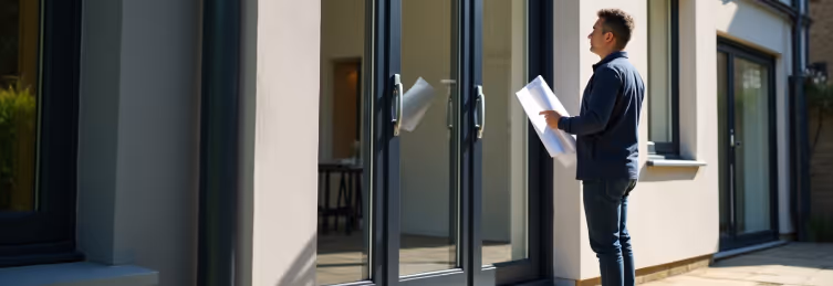 A man holds blueprints while looking at a modern building with large glass bifold doors.