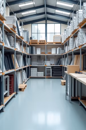Organised warehouse interior with shelves filled with neatly stacked window and door frames, aluminum profiles, and packaging materials under natural light.